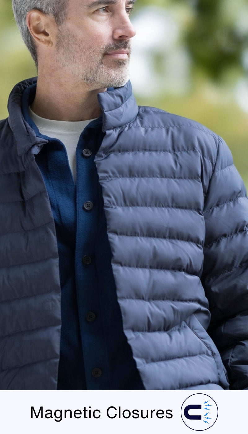 WEATHERPROOF X MAGNAREADY PUFFER JACKET WITH MAGNETIC BUTTONS IN NAVY