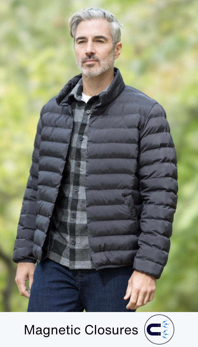 WEATHERPROOF X MAGNAREADY PUFFER JACKET WITH MAGNETIC BUTTONS IN BLACK