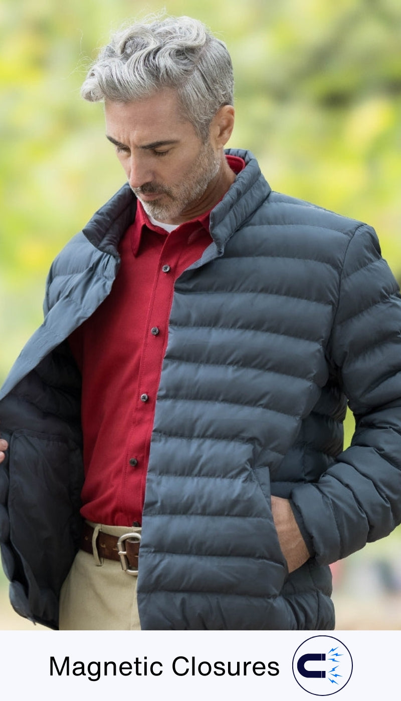 WEATHERPROOF X MAGNAREADY PUFFER JACKET WITH MAGNETIC BUTTONS IN PEWTER
