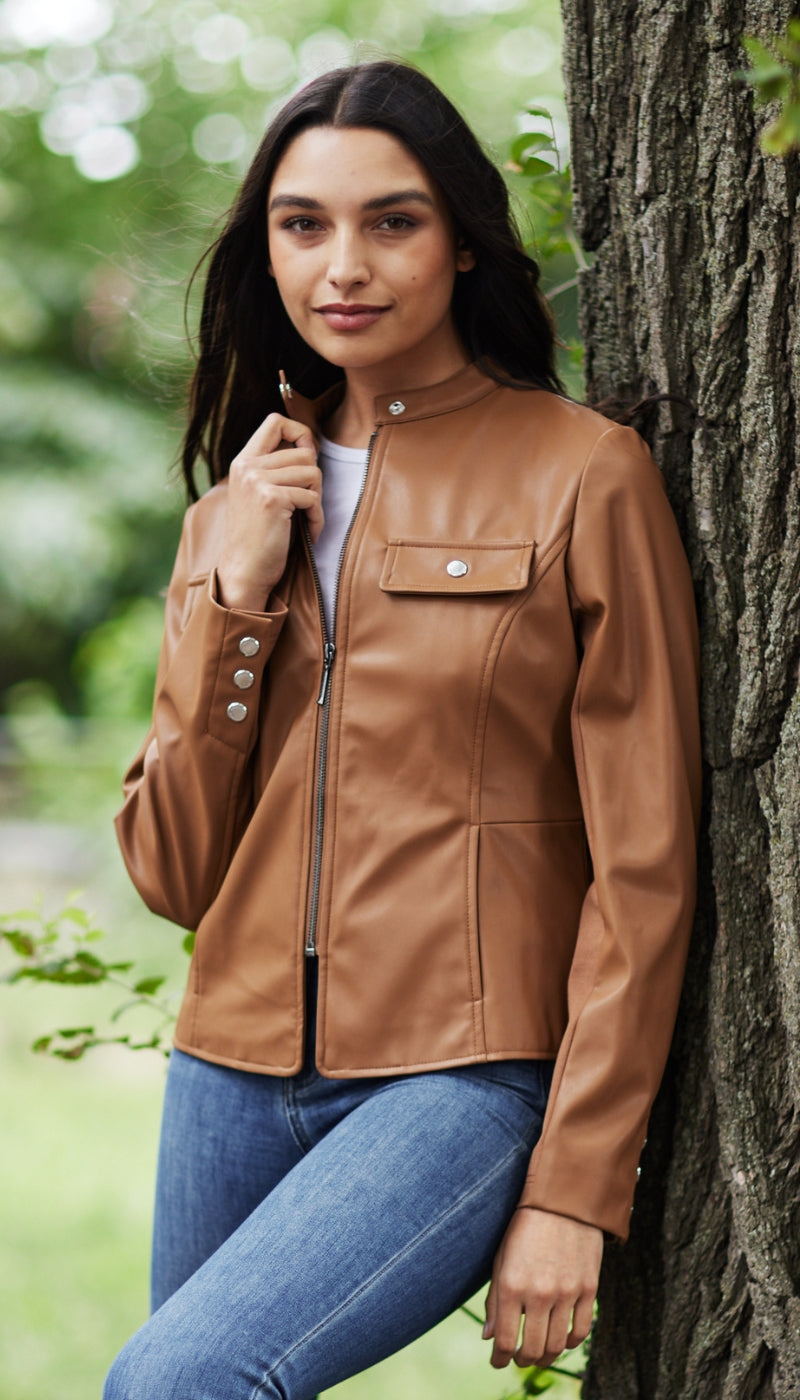 FAUX LEATHER JACKET WITH STRETCH KNIT