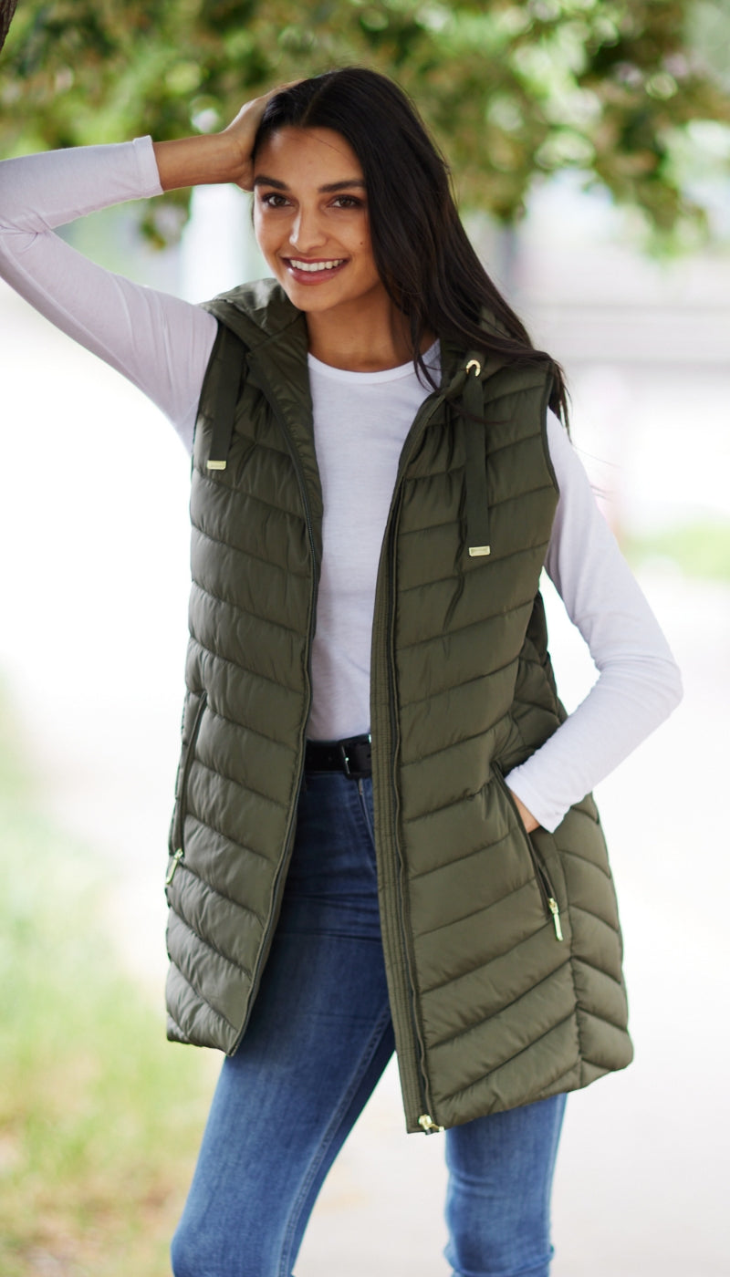 HOODED CHEVRON LONGLINE PUFFER VEST Small Dusty Olive