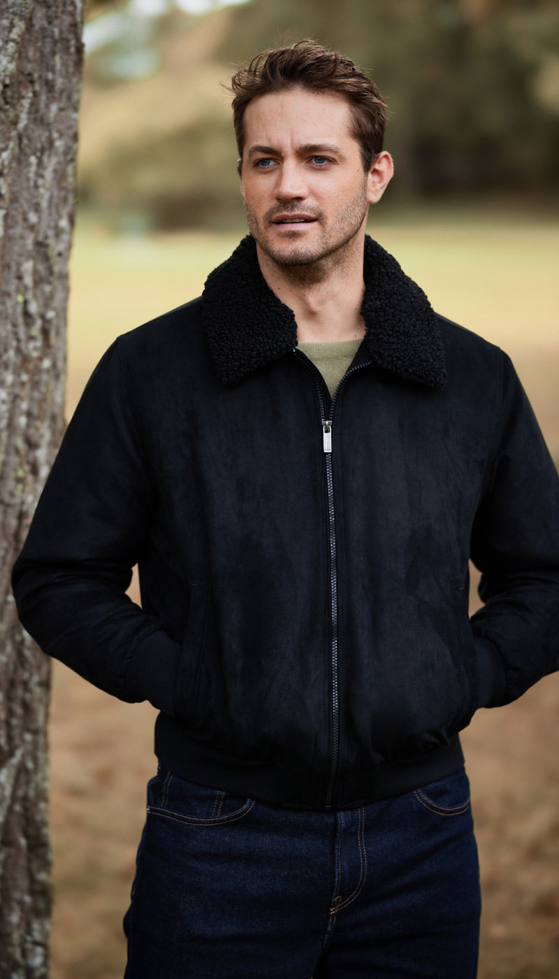 MICRO SUEDE BOMBER JACKET WITH FAUX FUR COLLAR