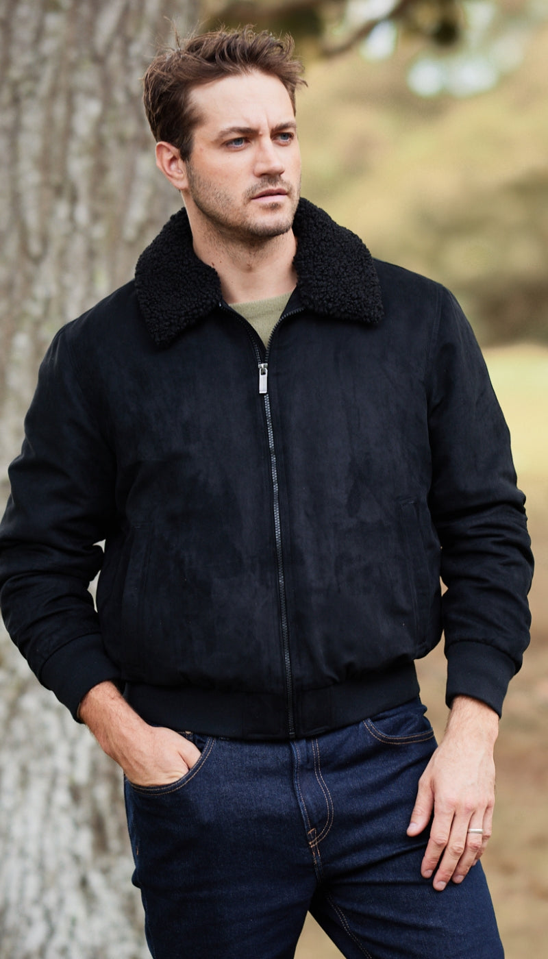 MICRO SUEDE BOMBER JACKET WITH FAUX FUR COLLAR