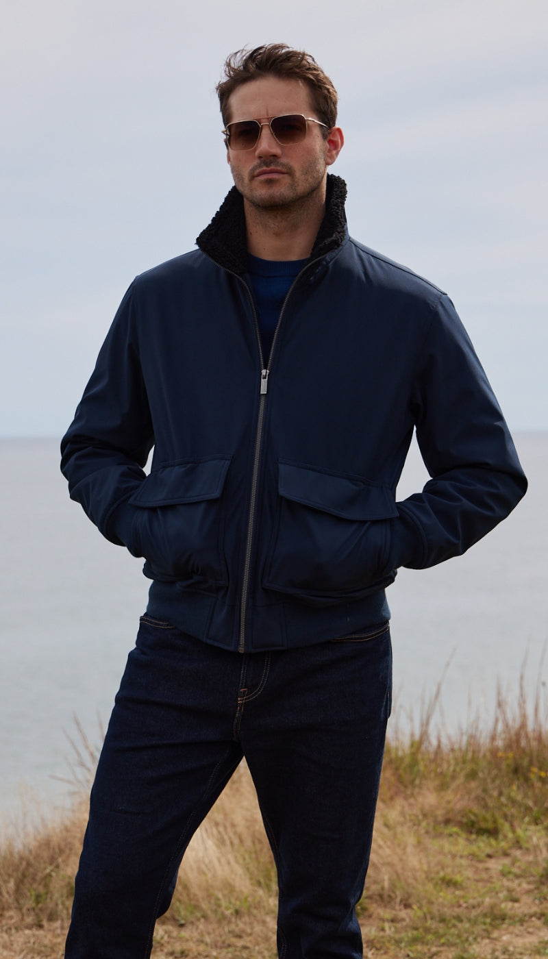 FLEX TECH BOMBER WITH FAUX FUR TRIM