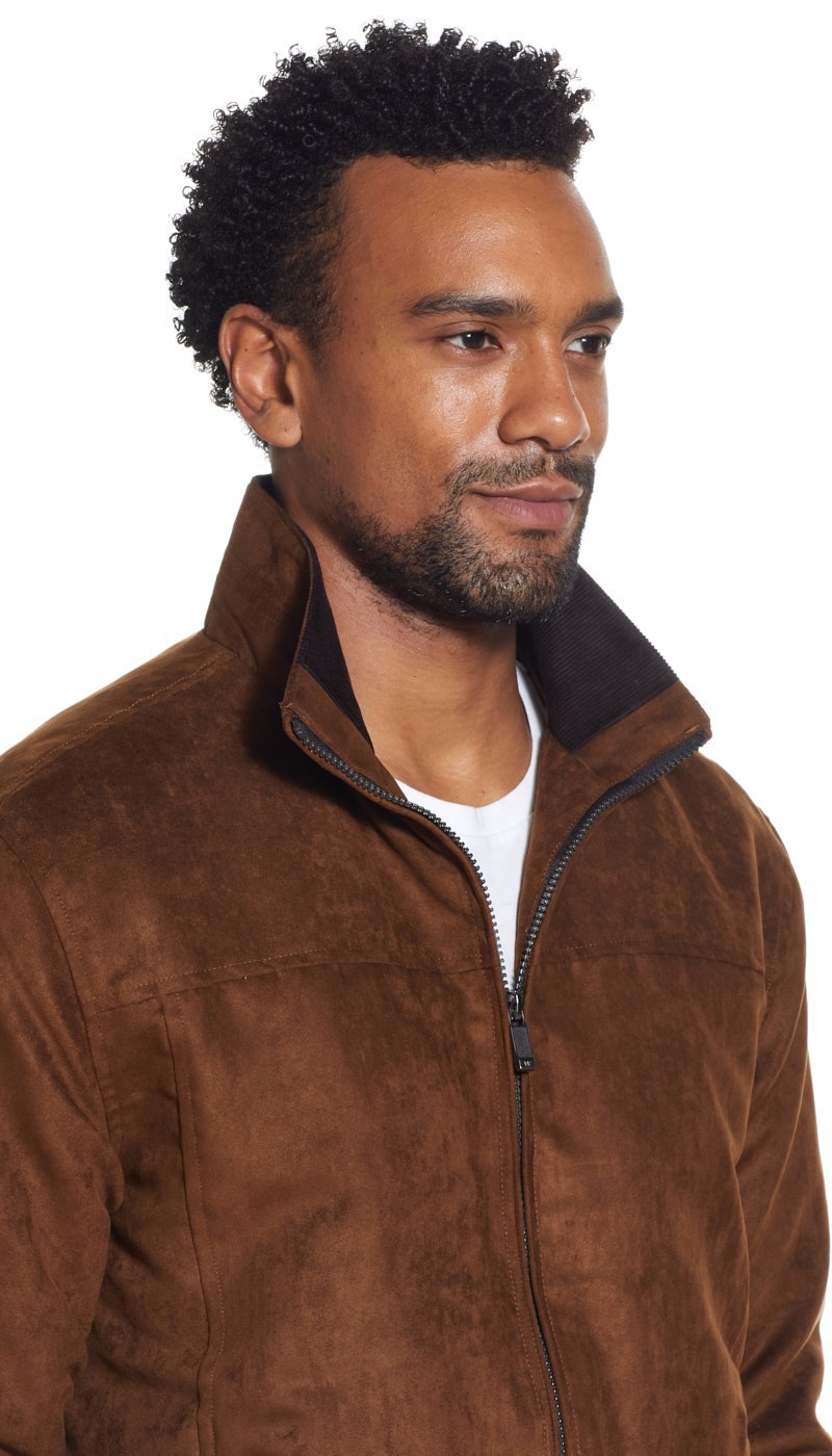 MICROSUEDE STAND COLLAR BOMBER JACKET