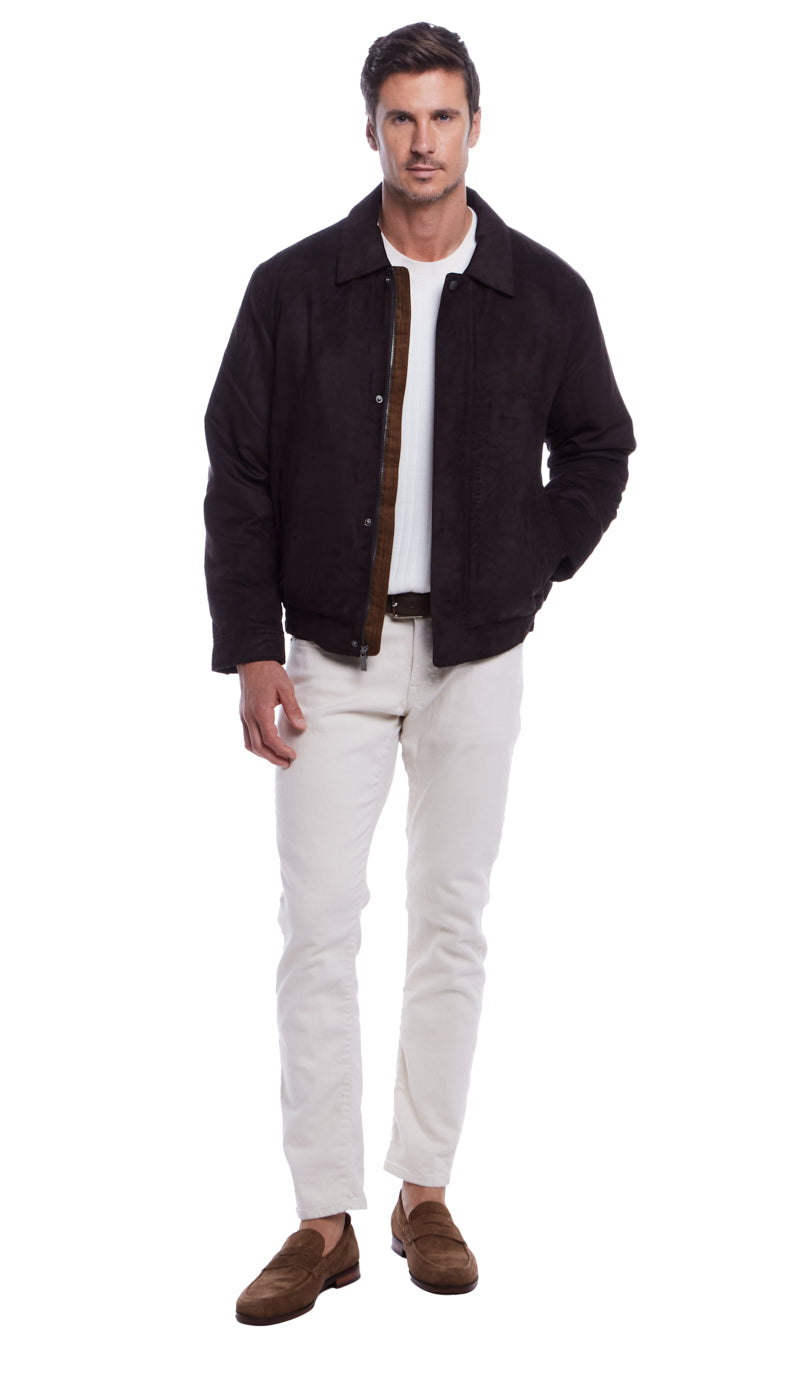 MICROSUEDE SHIRT COLLAR BOMBER JACKET