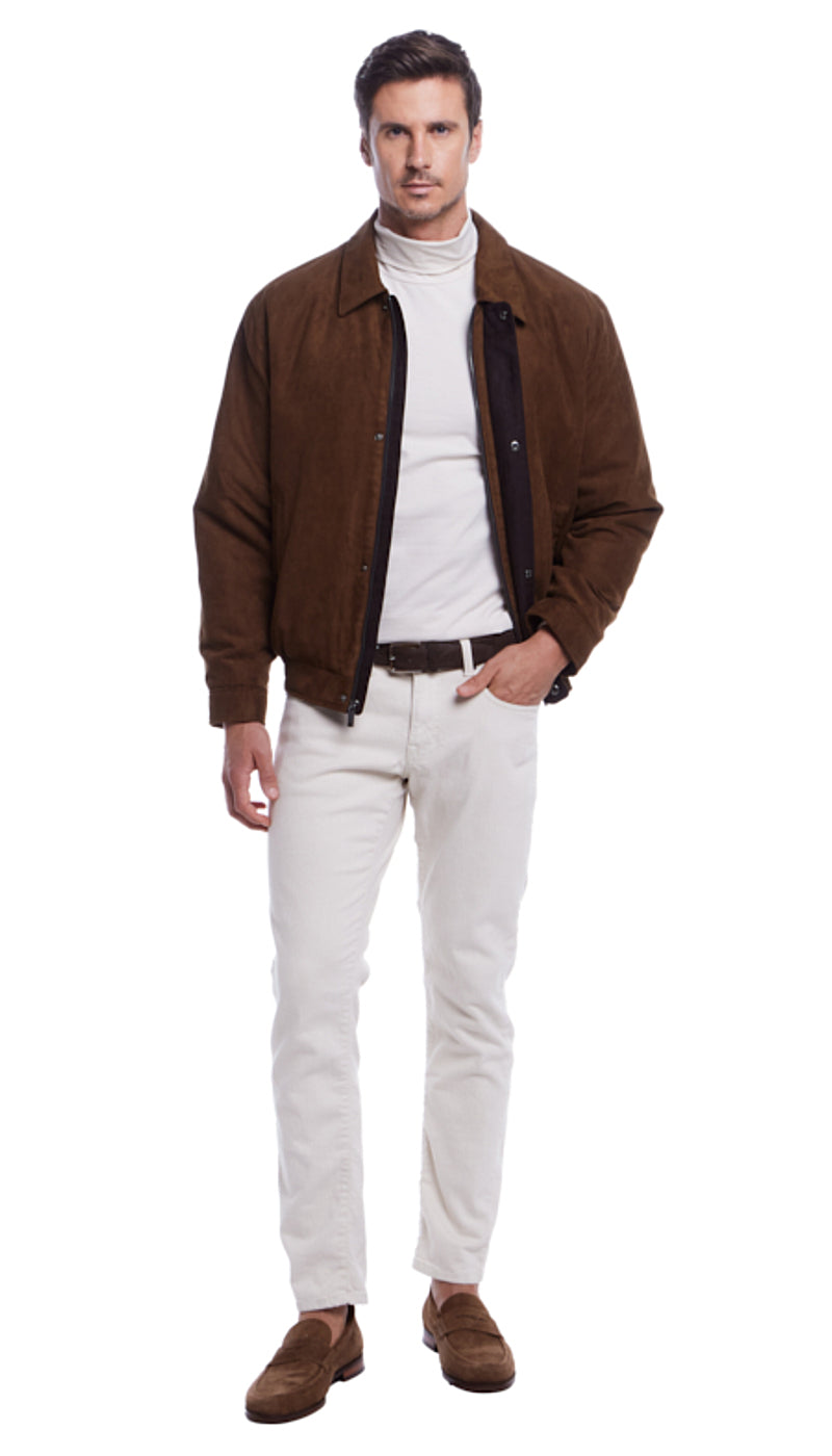 MICROSUEDE SHIRT COLLAR BOMBER JACKET