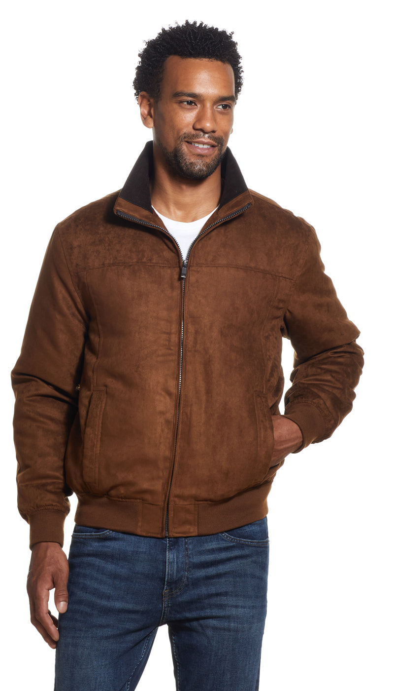 MICROSUEDE STAND COLLAR BOMBER JACKET