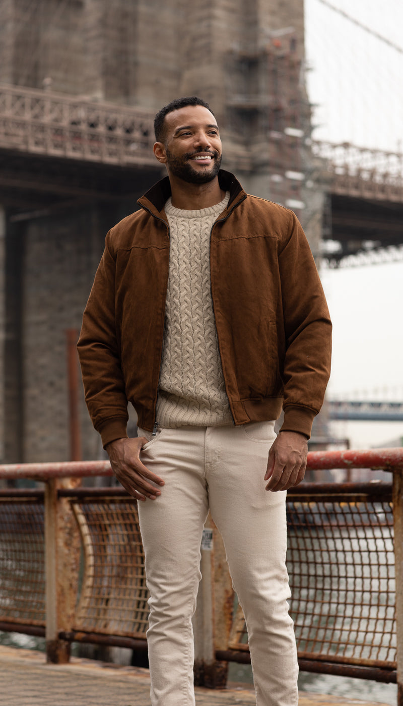 MICROSUEDE STAND COLLAR BOMBER JACKET