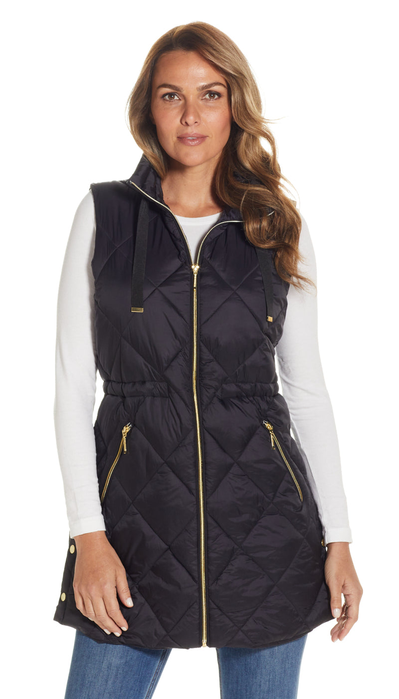 DIAMOND QUILTED PUFFER LONGLINE VEST WITH CINCHED WAIST