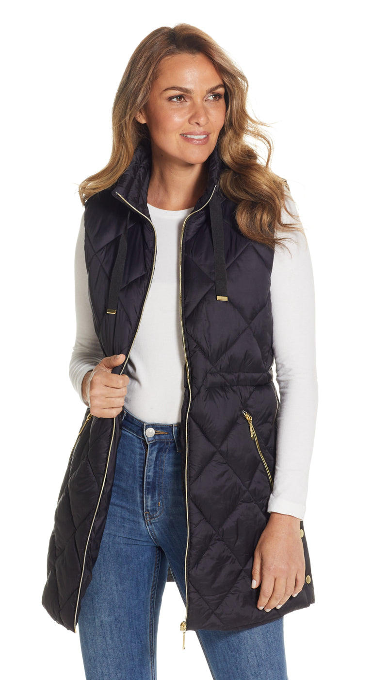 DIAMOND QUILTED PUFFER LONGLINE VEST WITH CINCHED WAIST
