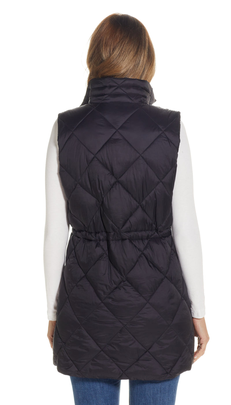 DIAMOND QUILTED PUFFER LONGLINE VEST WITH CINCHED WAIST