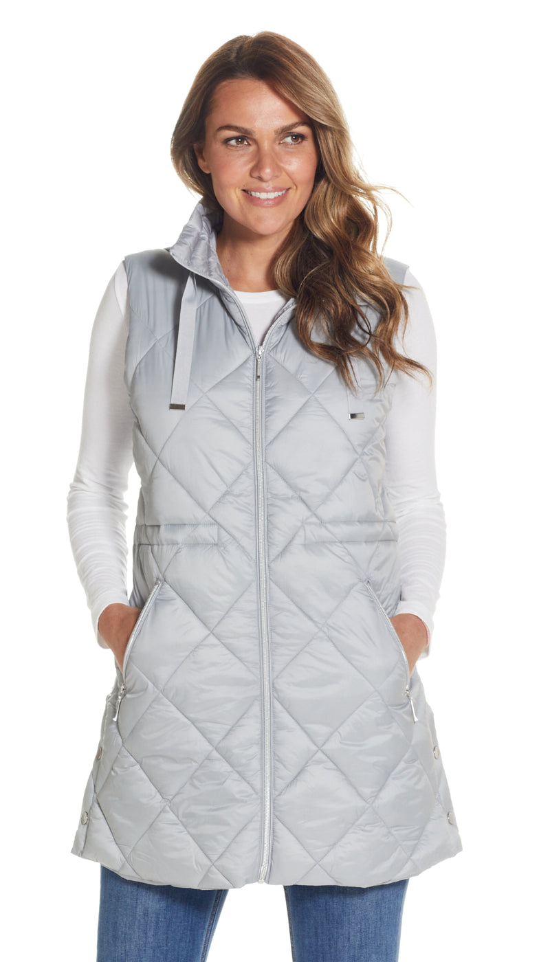 DIAMOND QUILTED PUFFER LONGLINE VEST WITH CINCHED WAIST