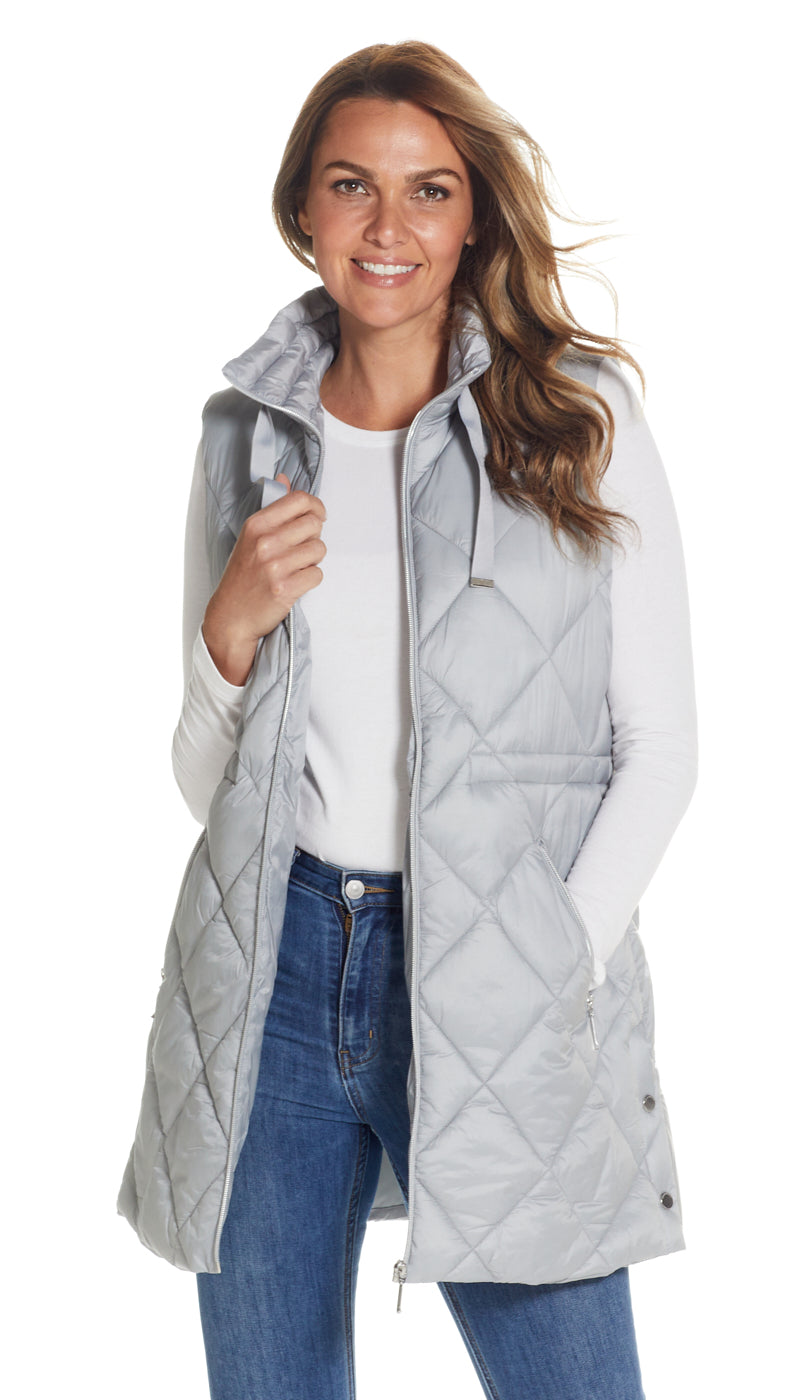 DIAMOND QUILTED PUFFER LONGLINE VEST WITH CINCHED WAIST