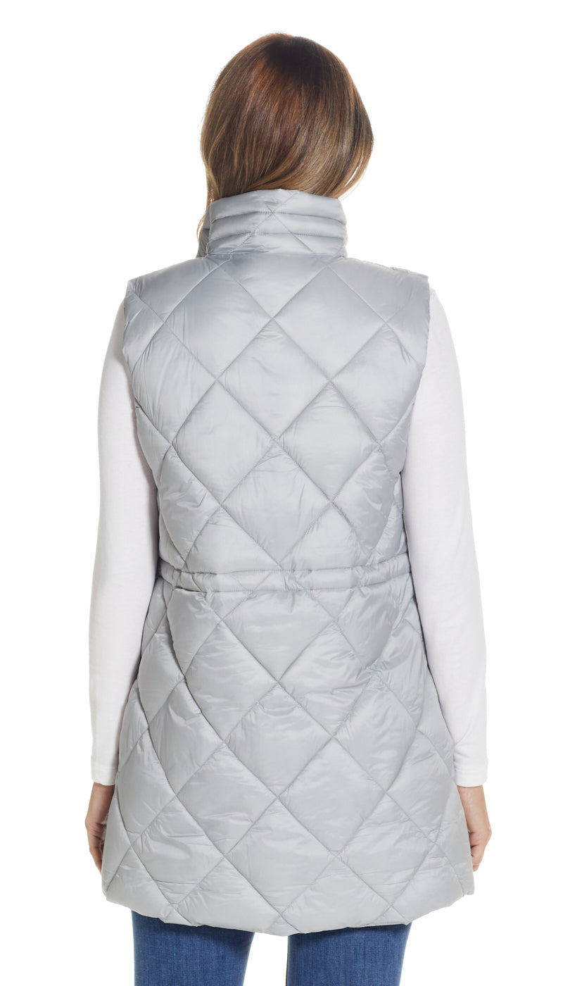 DIAMOND QUILTED PUFFER LONGLINE VEST WITH CINCHED WAIST