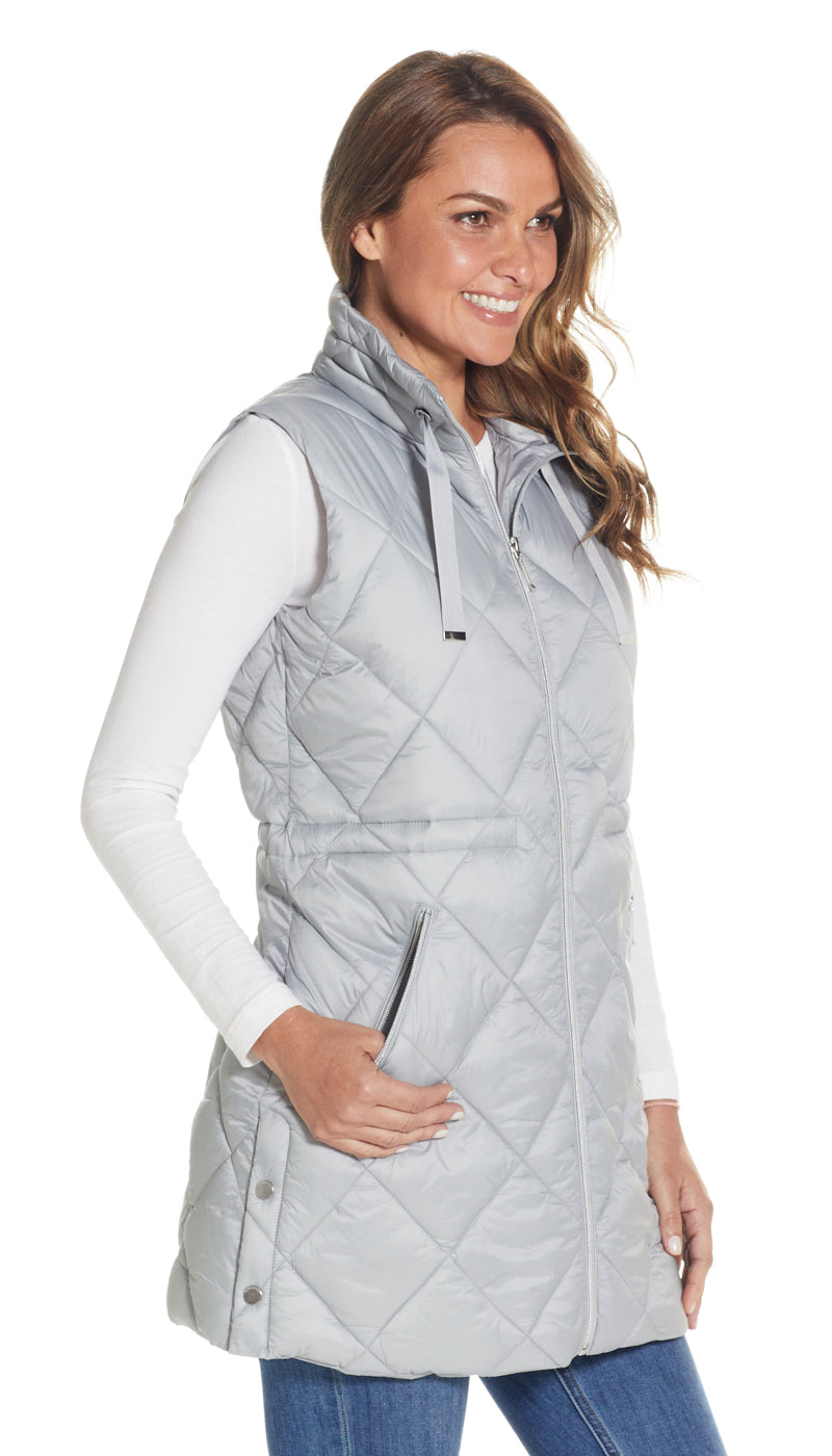 DIAMOND QUILTED PUFFER LONGLINE VEST WITH CINCHED WAIST