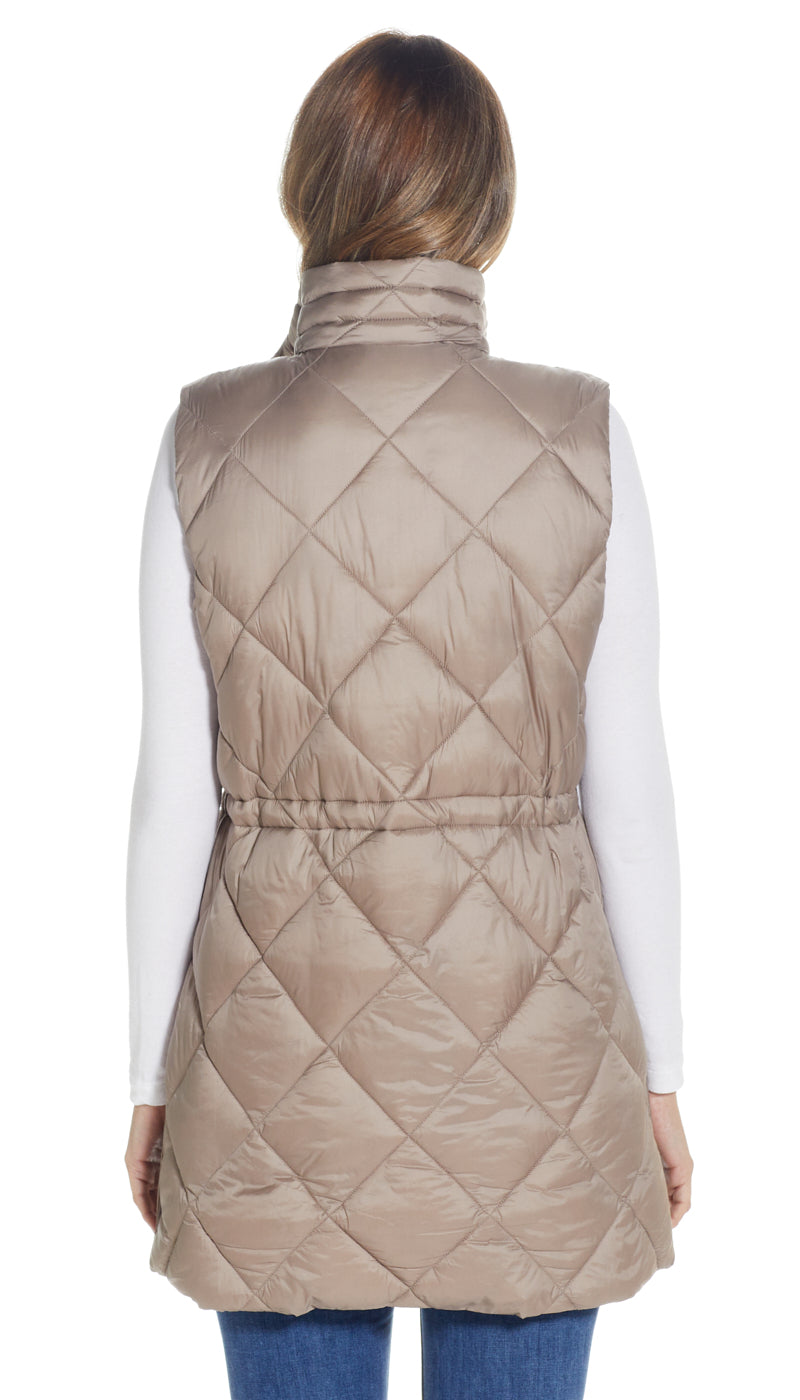 DIAMOND QUILTED PUFFER LONGLINE VEST WITH CINCHED WAIST
