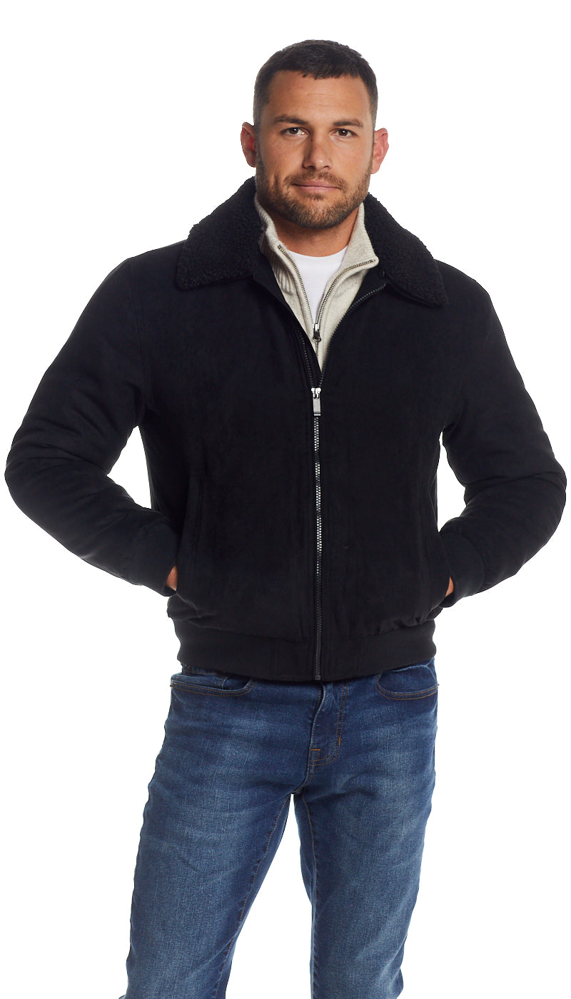 MICRO SUEDE BOMBER JACKET WITH FAUX FUR COLLAR