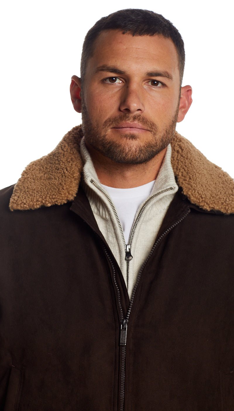 MICRO SUEDE BOMBER JACKET WITH FAUX FUR COLLAR