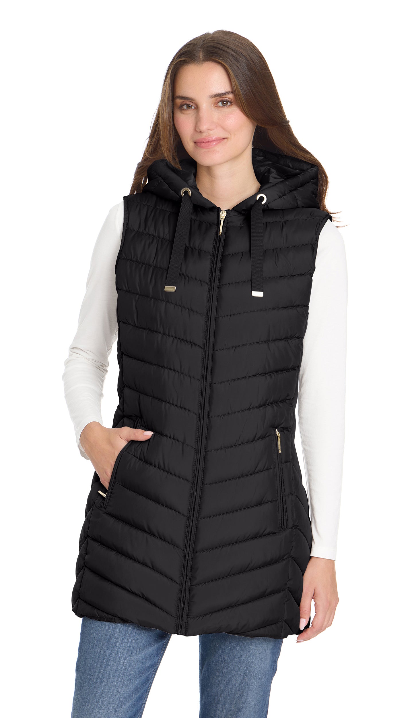 HOODED CHEVRON LONGLINE PUFFER VEST