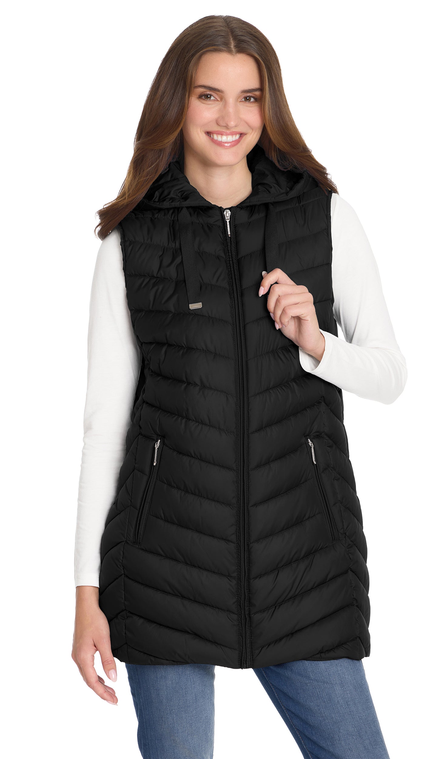 HOODED CHEVRON LONGLINE PUFFER VEST