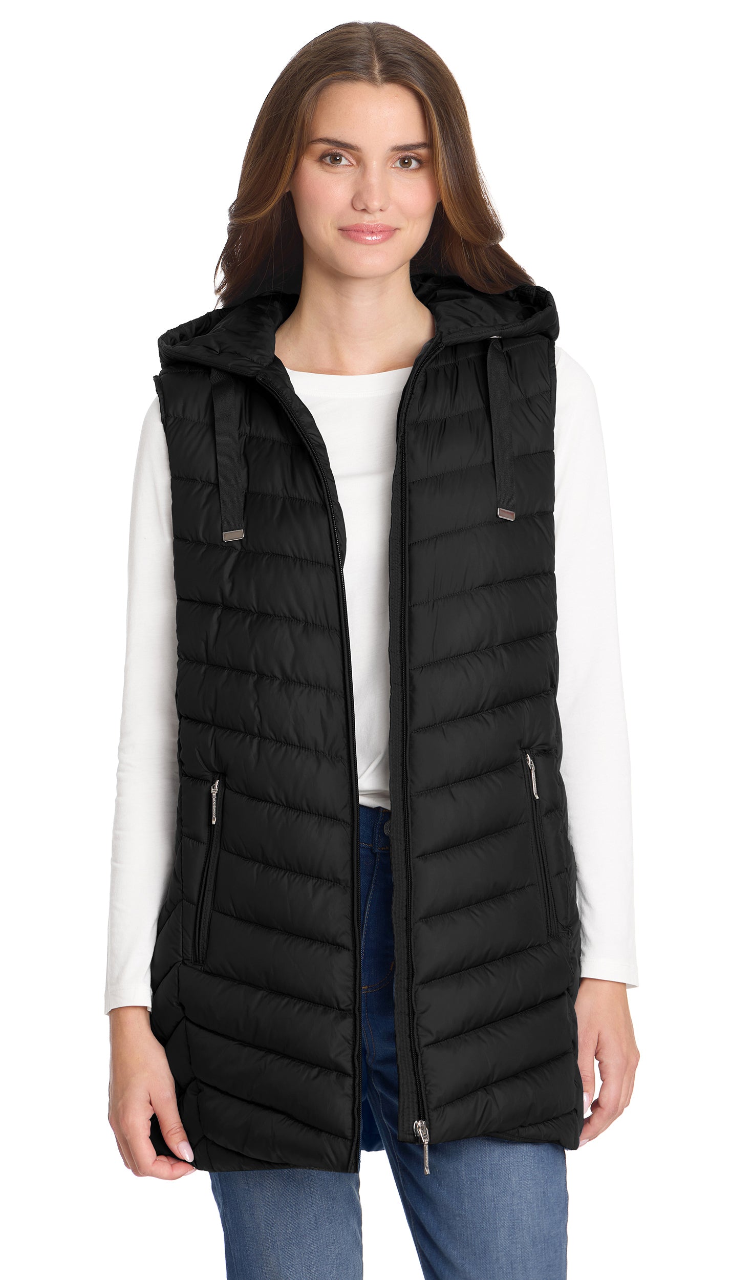 HOODED CHEVRON LONGLINE PUFFER VEST