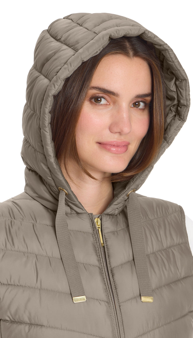 HOODED CHEVRON LONGLINE PUFFER VEST