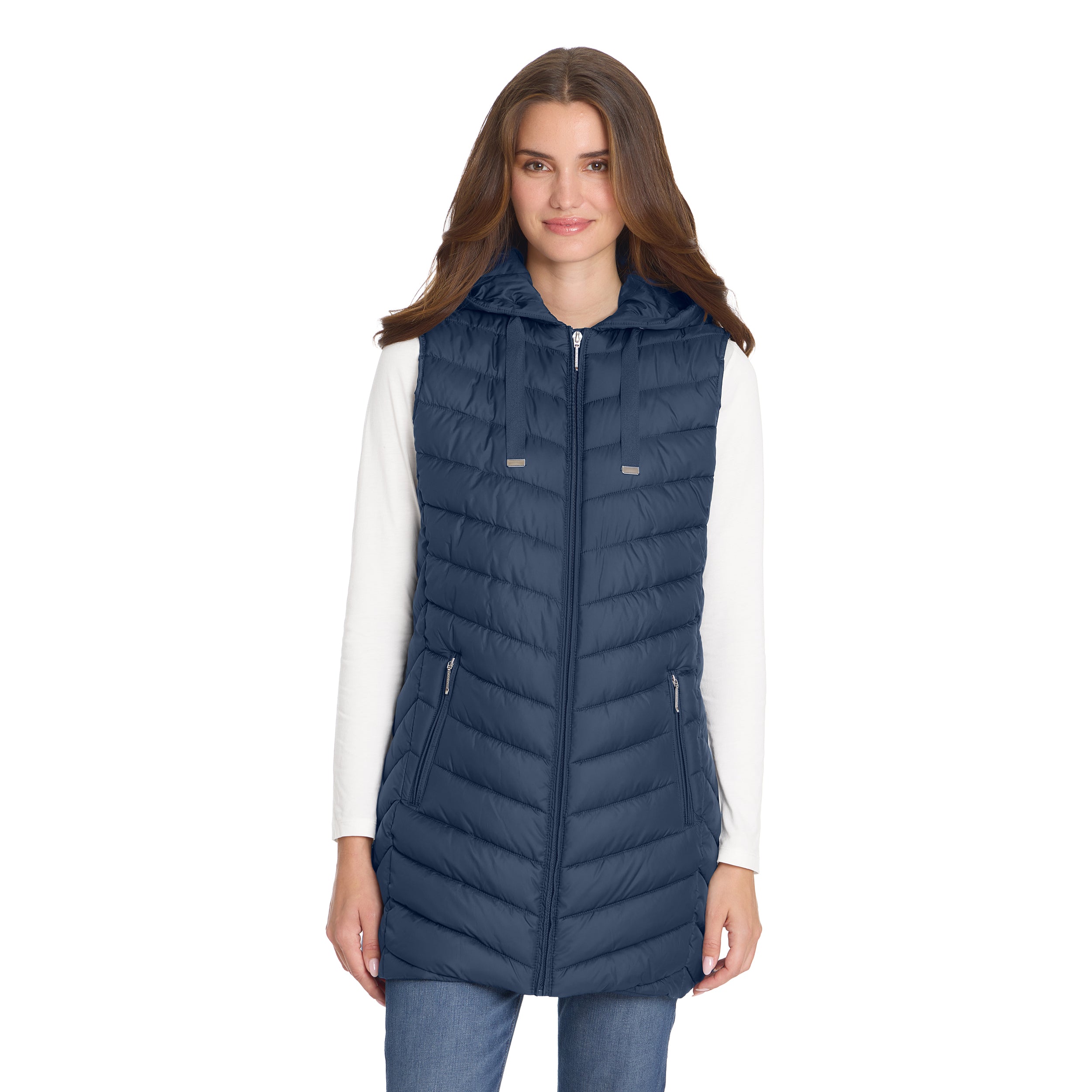 HOODED CHEVRON LONGLINE PUFFER VEST