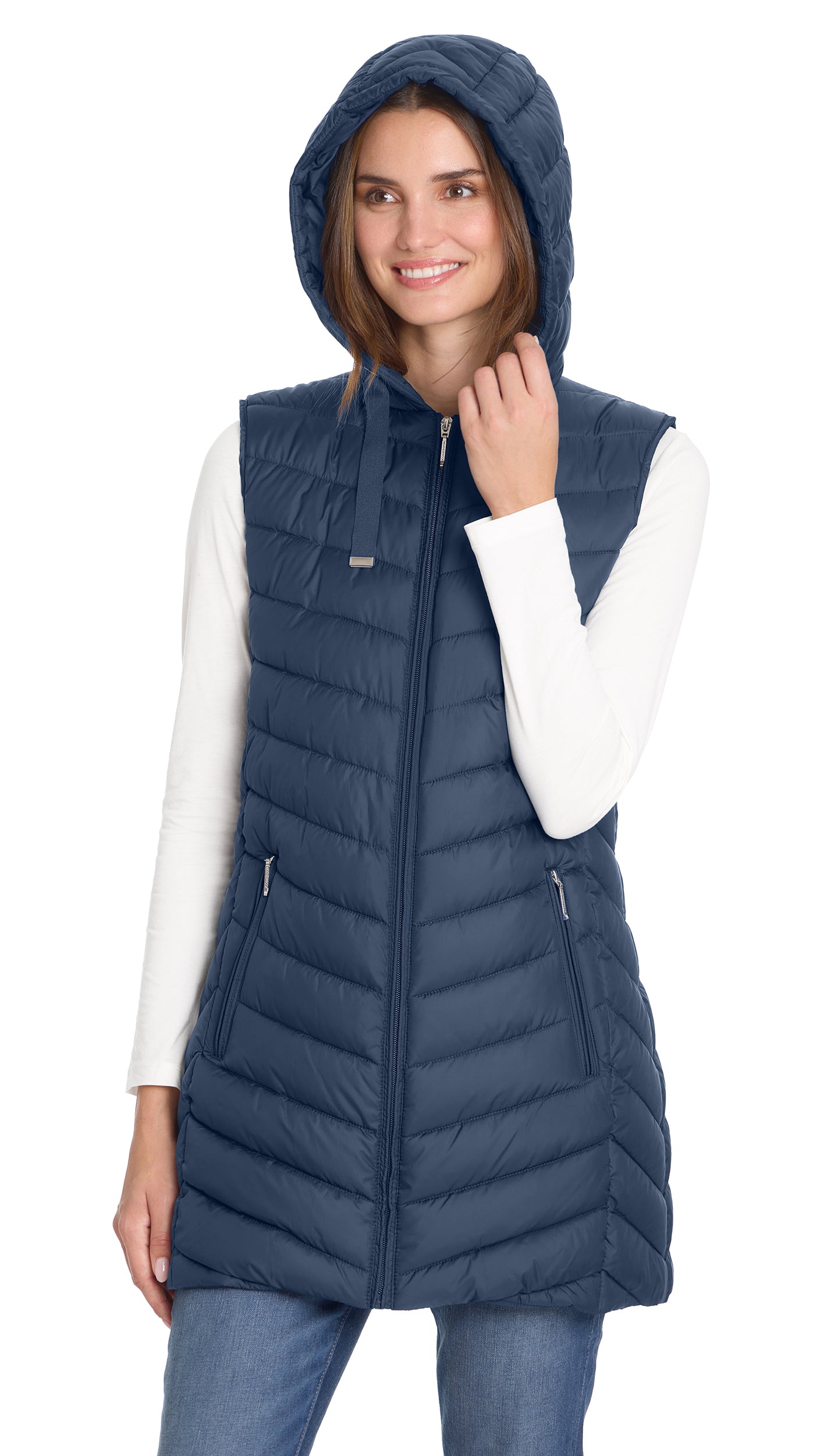 HOODED CHEVRON LONGLINE PUFFER VEST