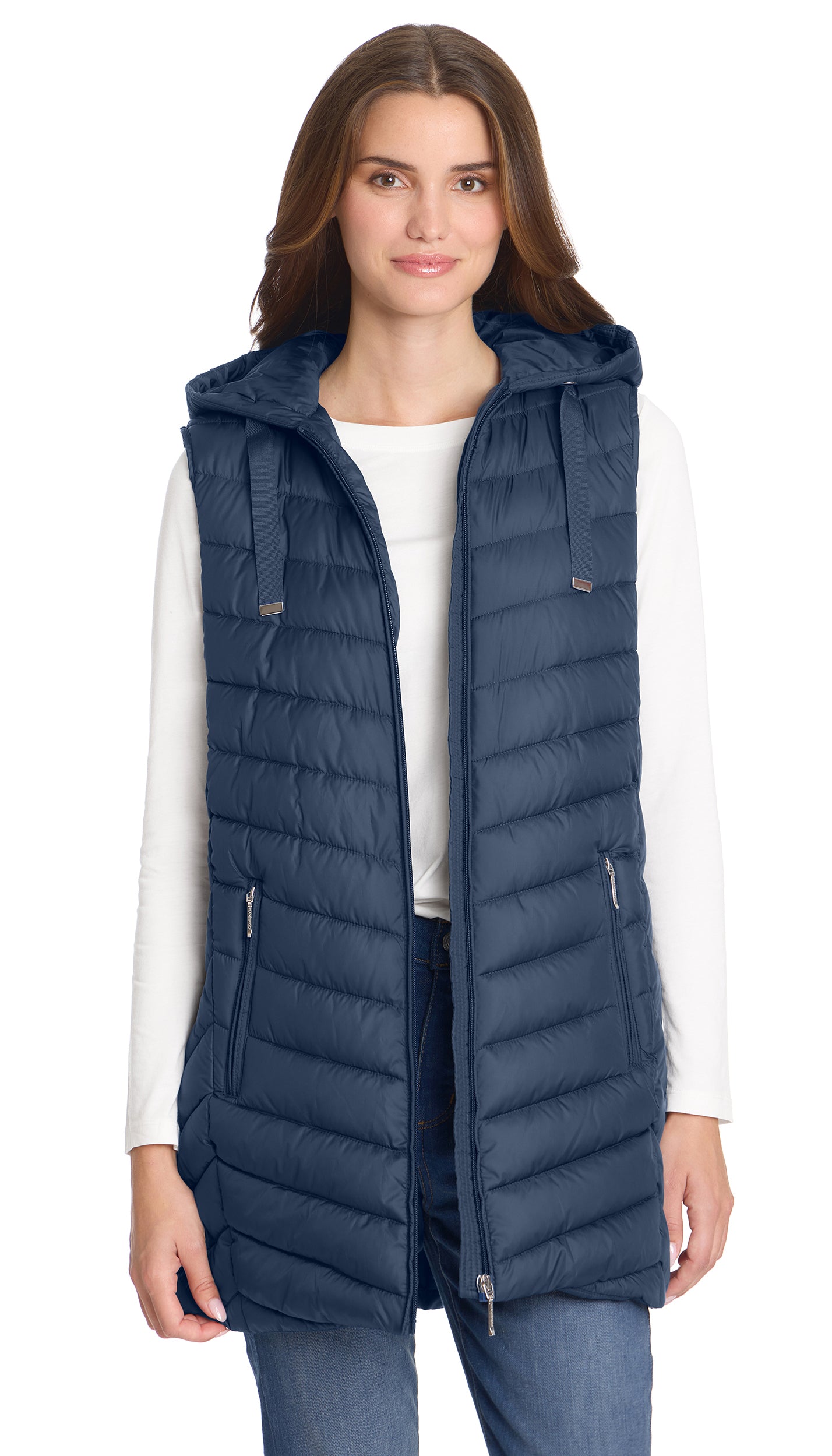 HOODED CHEVRON LONGLINE PUFFER VEST