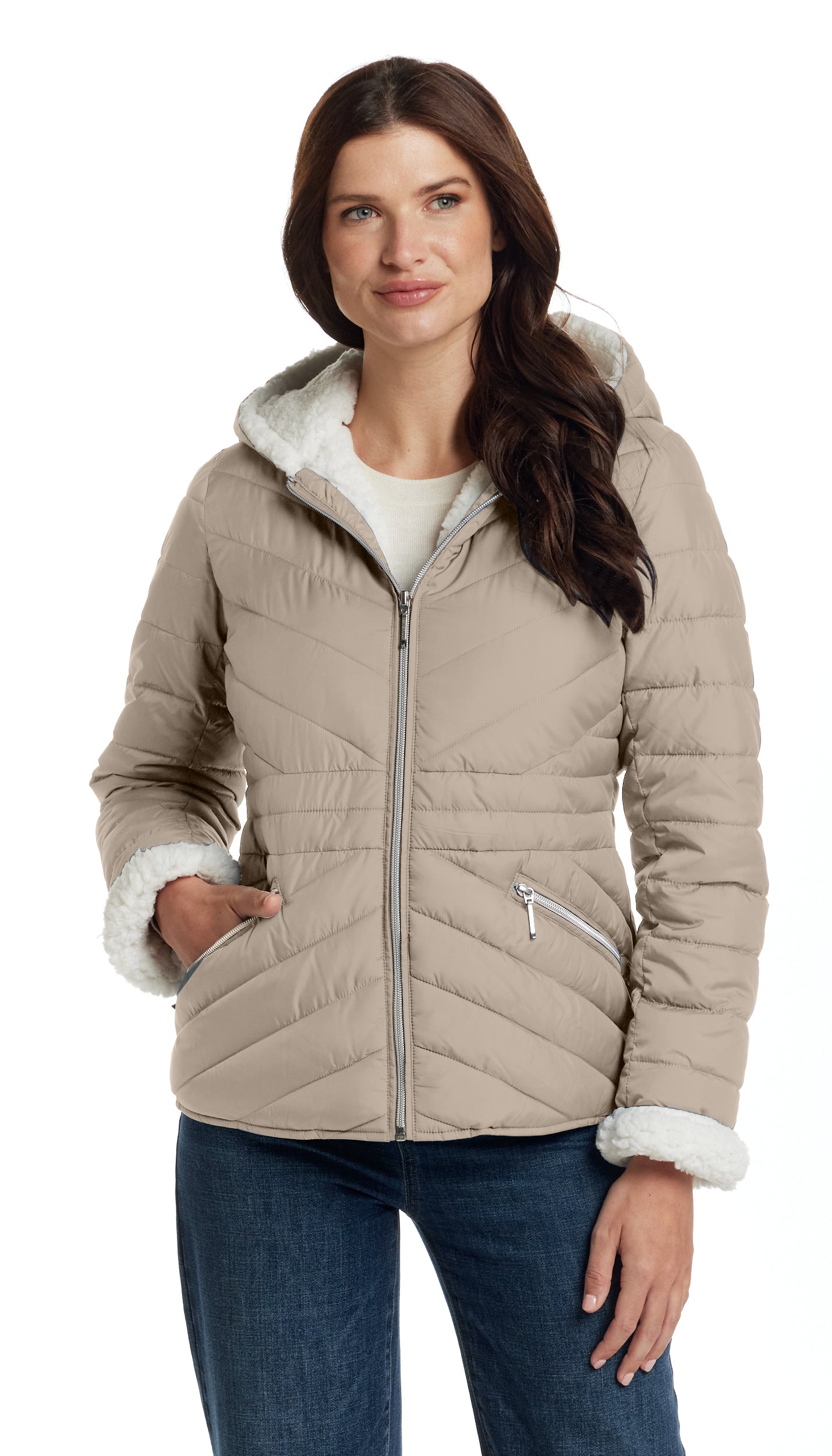 CHEVRON QUILTED PUFFER COAT WITH COZY FLEECE LINING