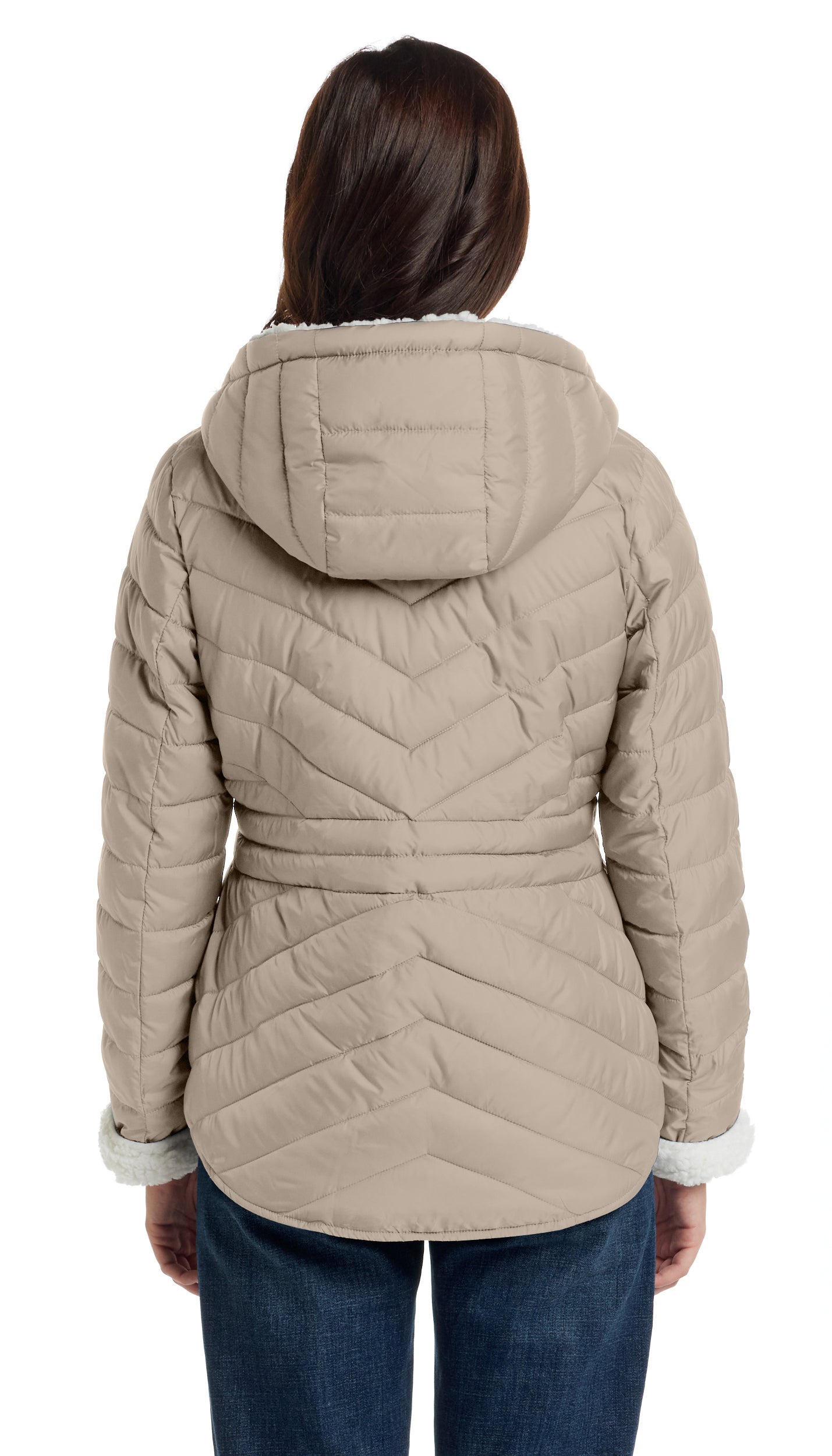 CHEVRON QUILTED PUFFER COAT WITH COZY FLEECE LINING