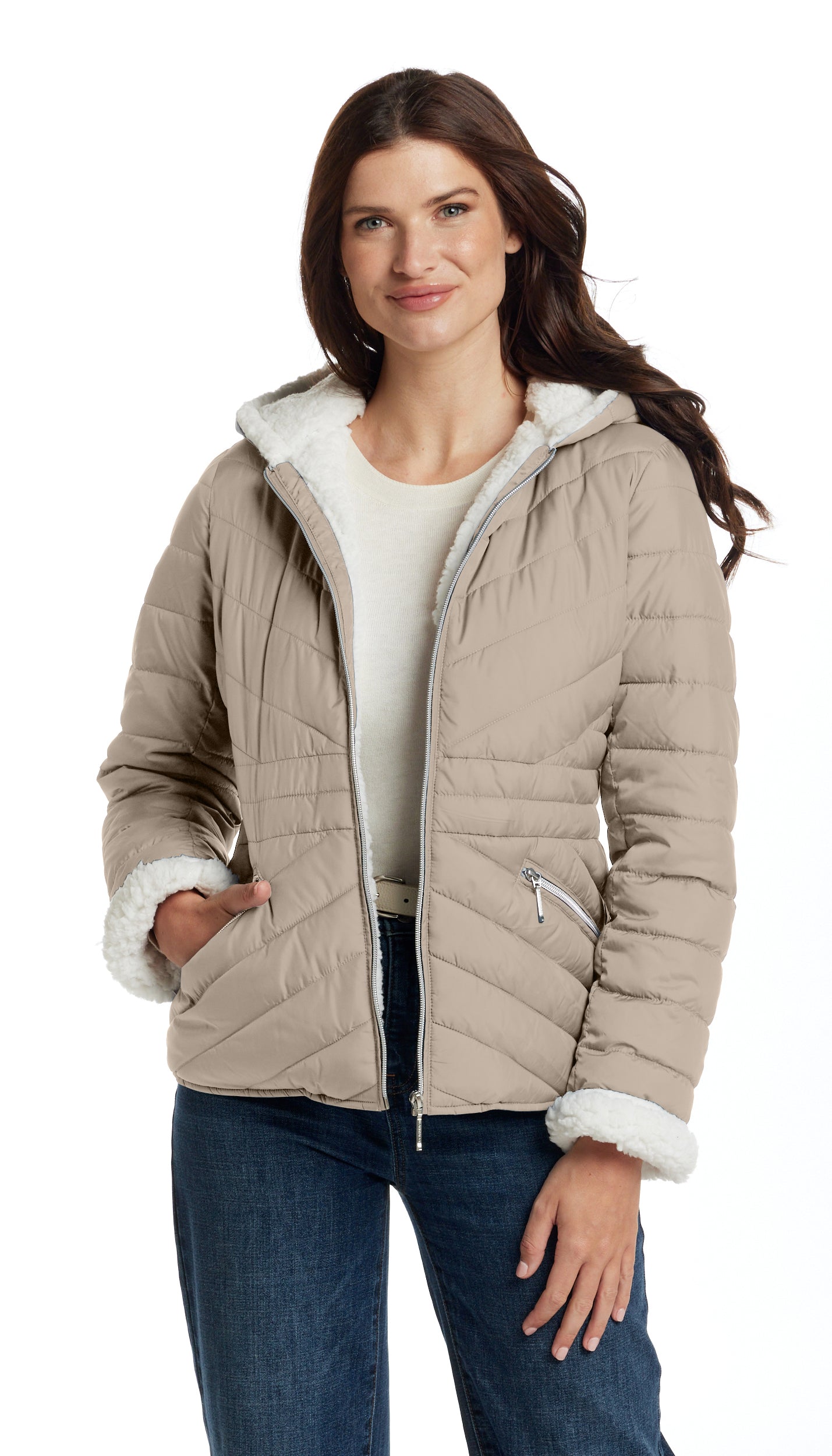 CHEVRON QUILTED PUFFER COAT WITH COZY FLEECE LINING