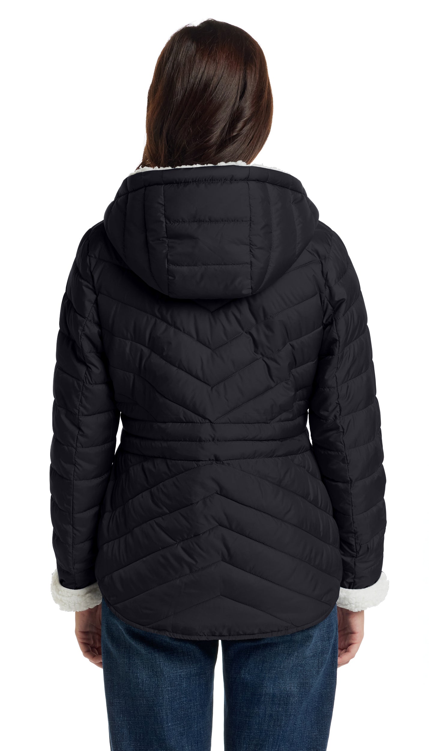 CHEVRON QUILTED PUFFER COAT WITH COZY FLEECE LINING