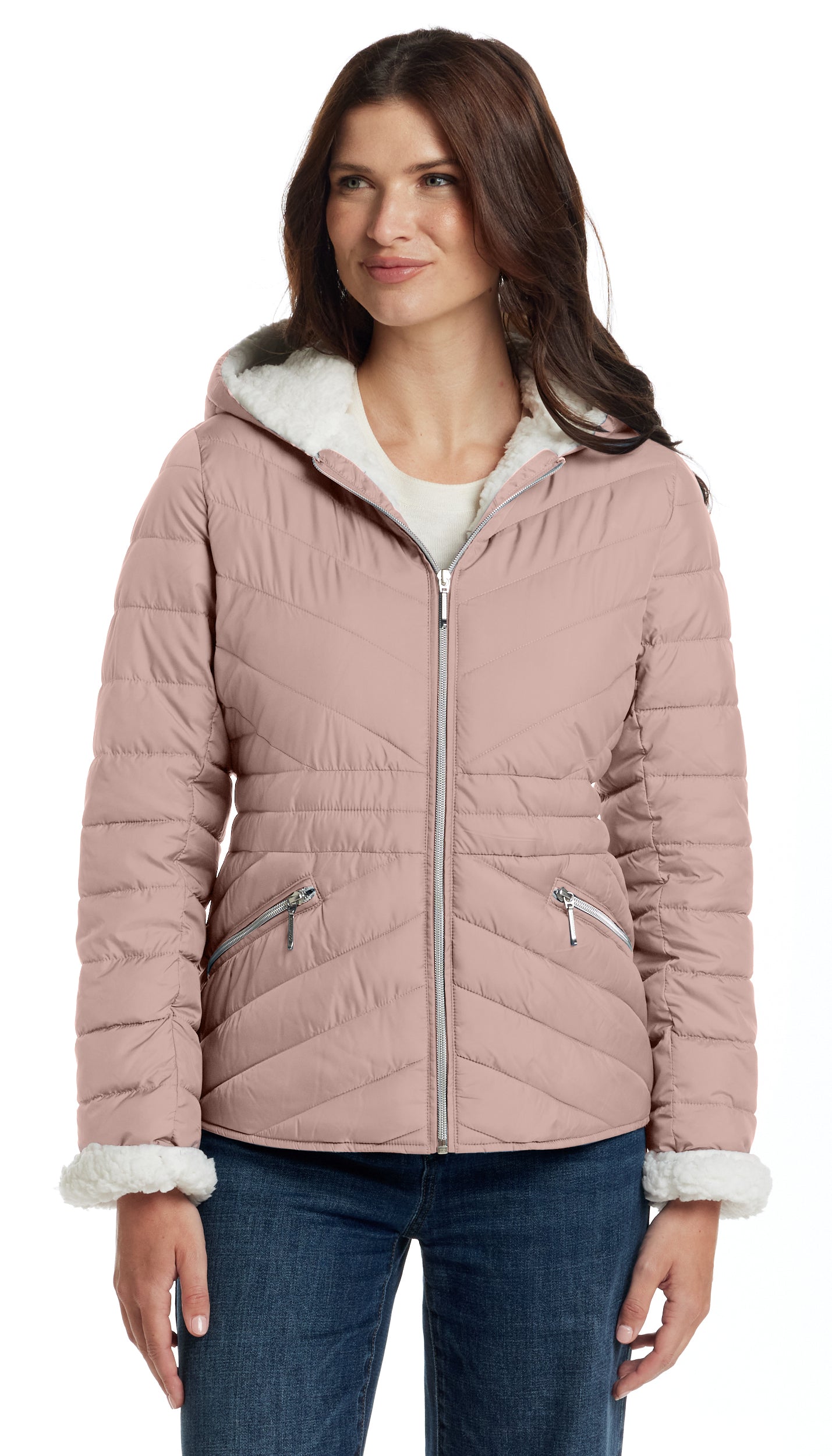 CHEVRON QUILTED PUFFER COAT WITH COZY FLEECE LINING