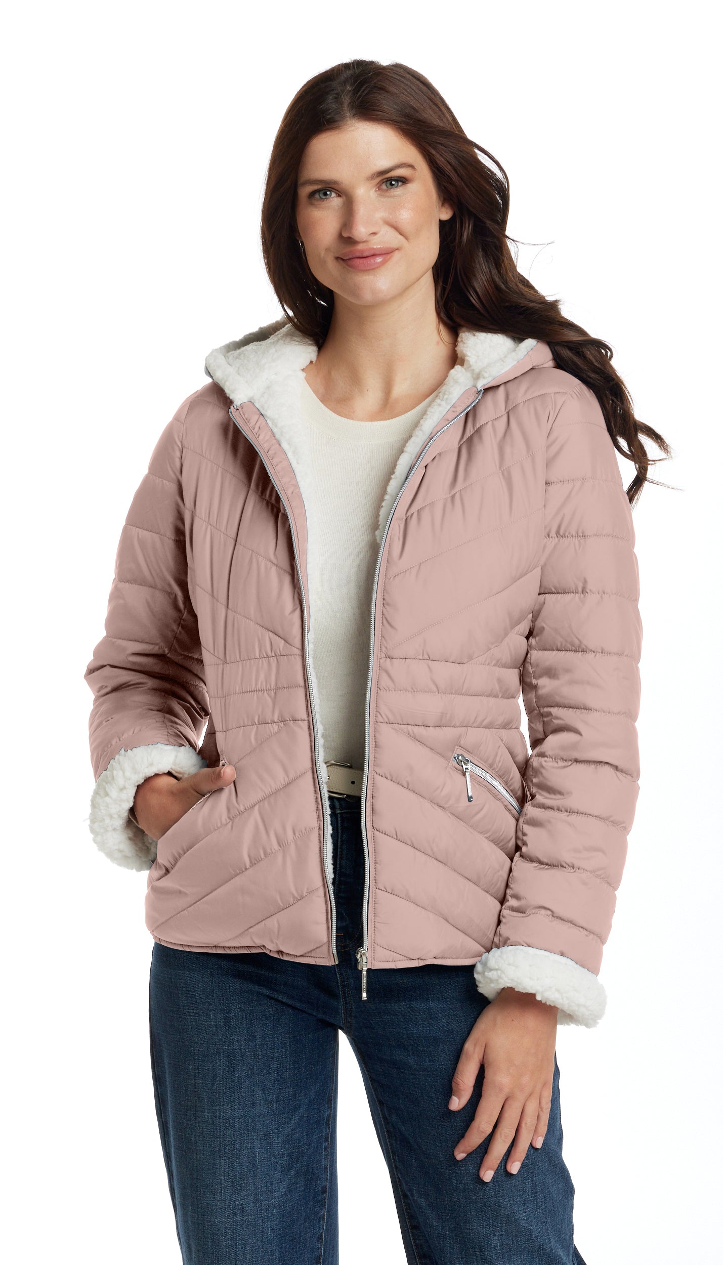 CHEVRON QUILTED PUFFER COAT WITH COZY FLEECE LINING