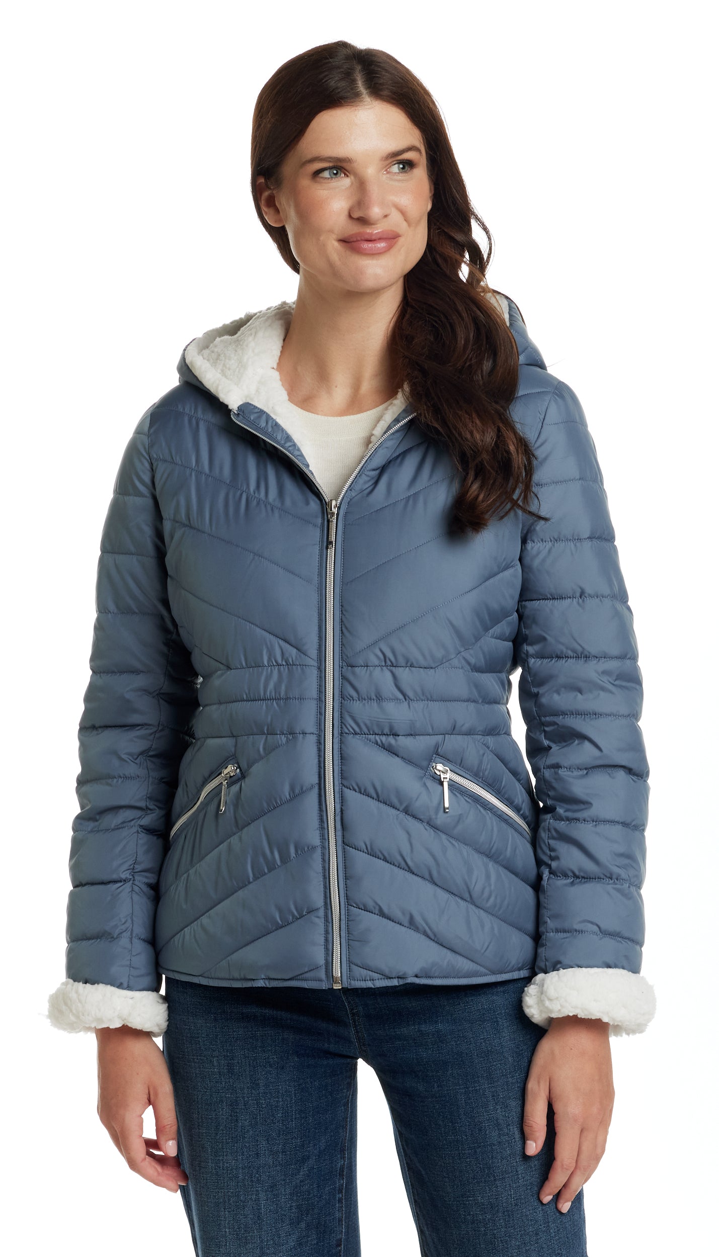 CHEVRON QUILTED PUFFER COAT WITH COZY FLEECE LINING