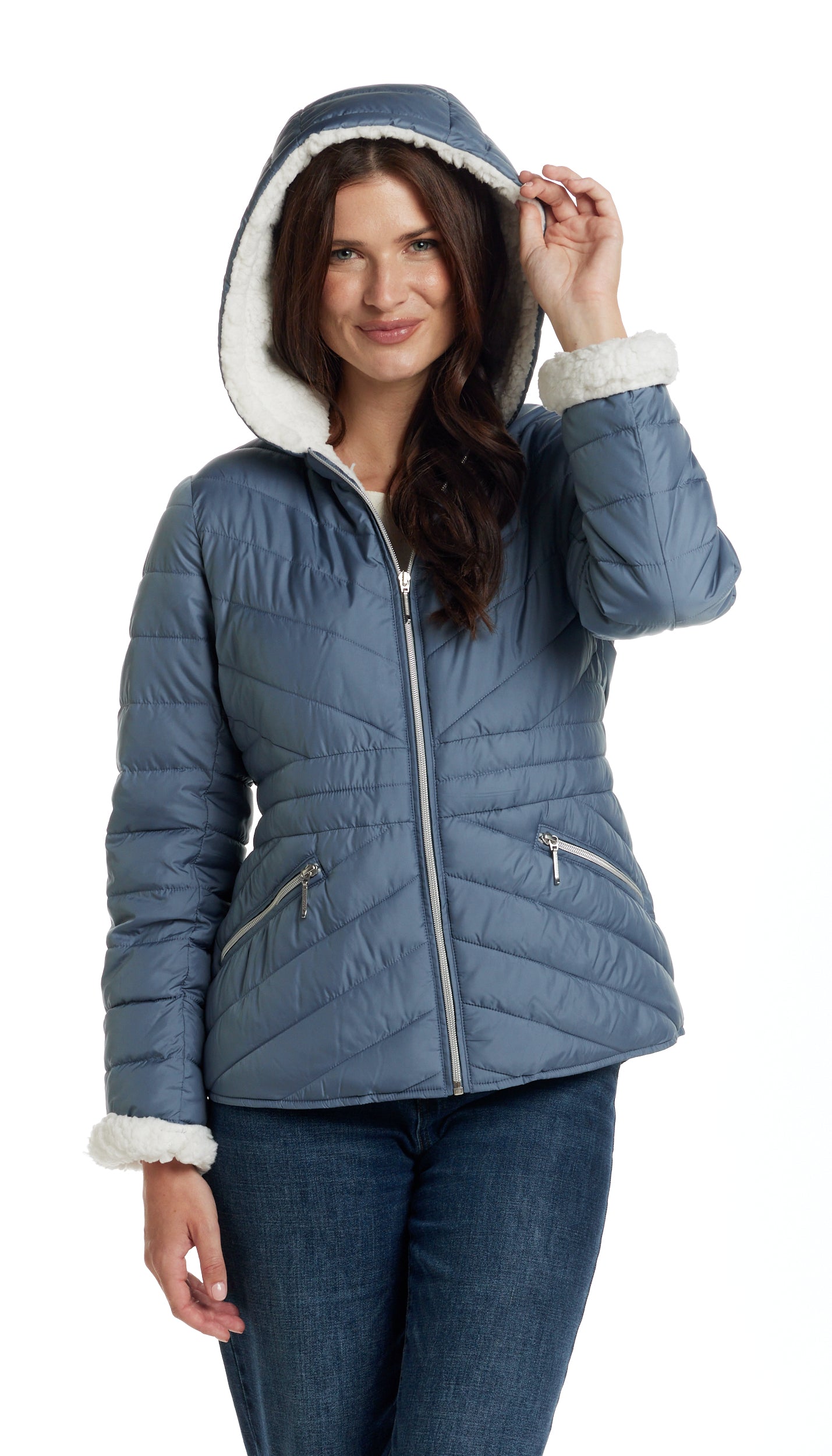 CHEVRON QUILTED PUFFER COAT WITH COZY FLEECE LINING