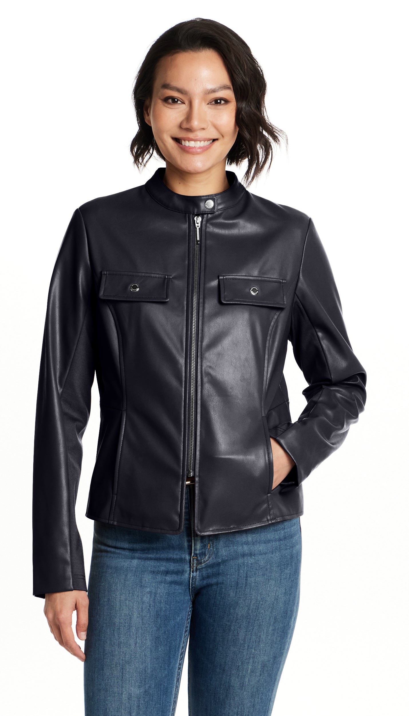 FAUX LEATHER JACKET WITH STRETCH KNIT