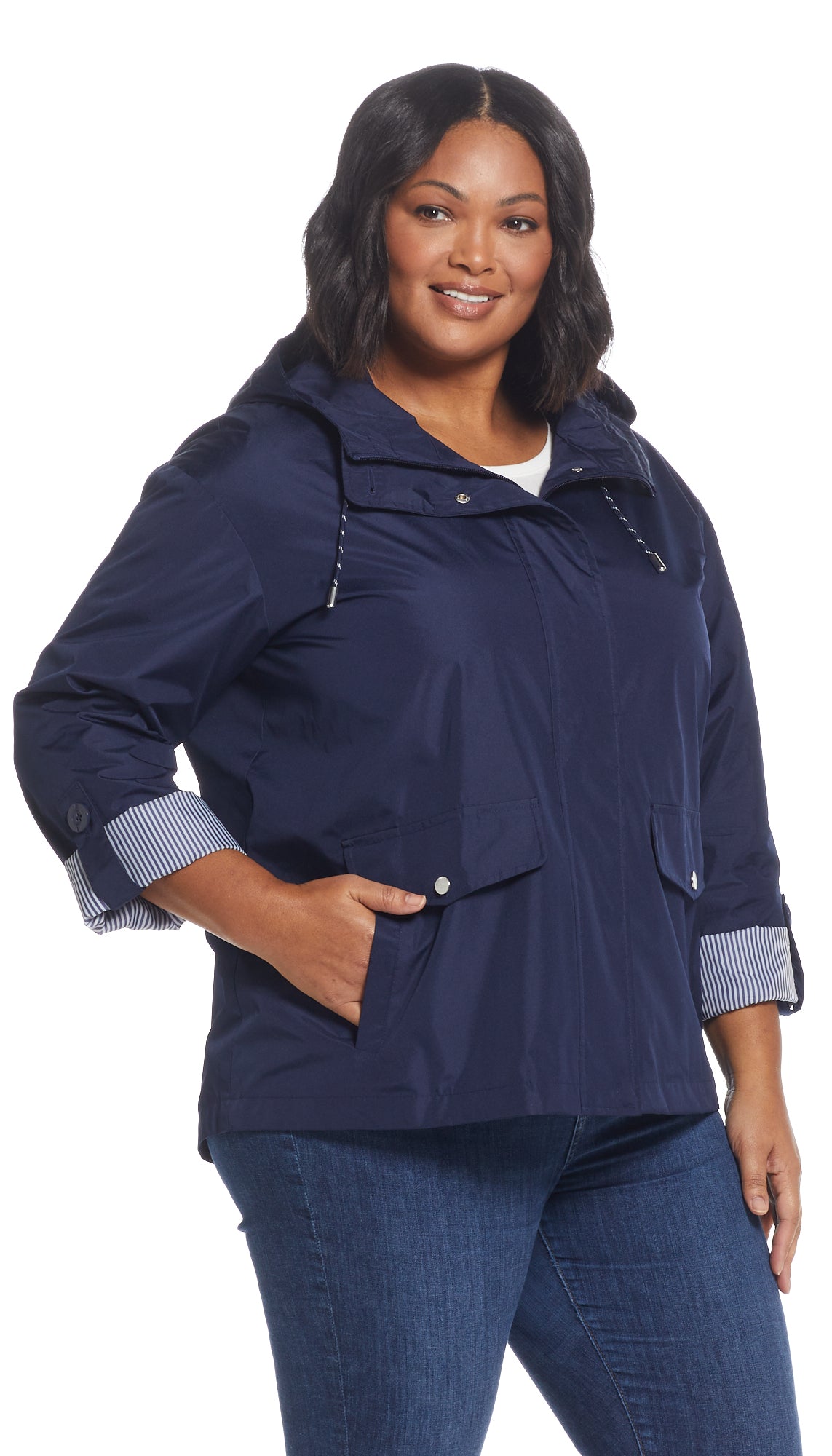 HOODED JACKET WITH TURN BACK SLEEVES