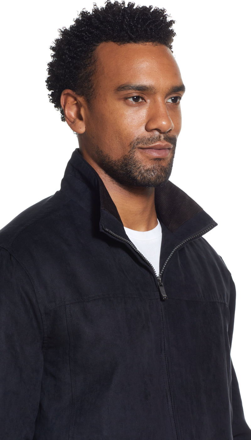 MICROSUEDE STAND COLLAR BOMBER JACKET