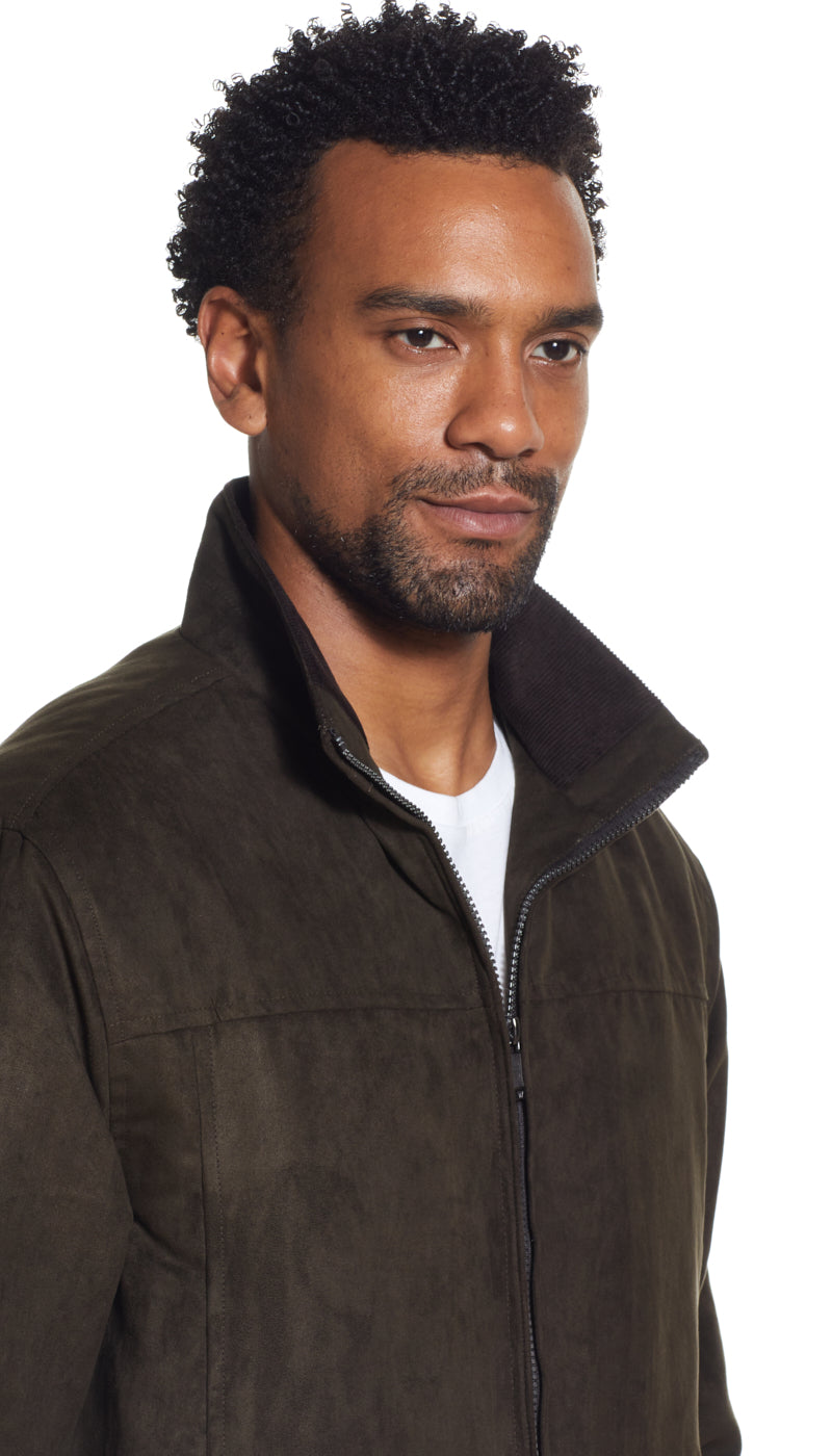 MICROSUEDE STAND COLLAR BOMBER JACKET