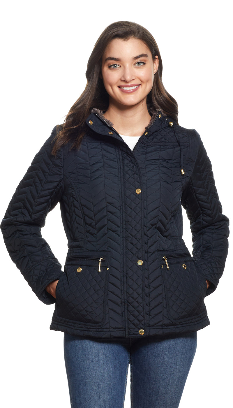 QUILTED HOODED ANORAK WITH FAUX FUR INNER TRIM