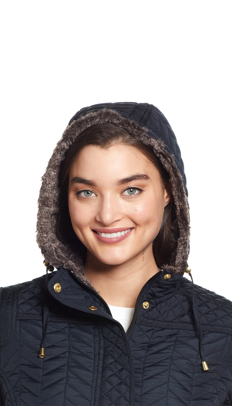 QUILTED HOODED ANORAK WITH FAUX FUR INNER TRIM