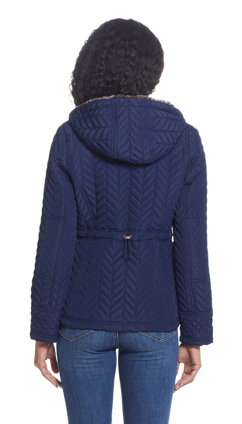 QUILTED HOODED ANORAK WITH FAUX FUR INNER TRIM