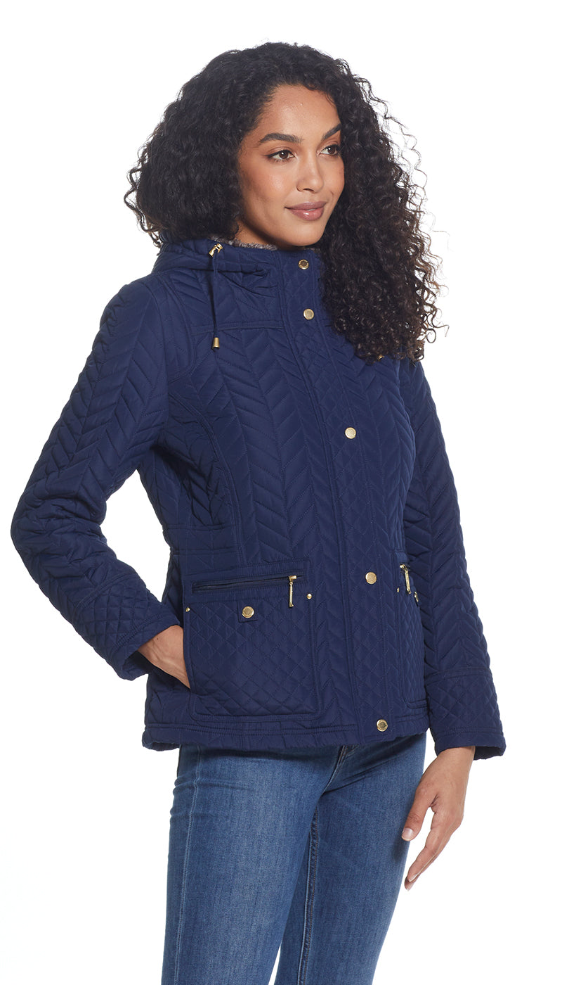 QUILTED HOODED ANORAK WITH FAUX FUR INNER TRIM