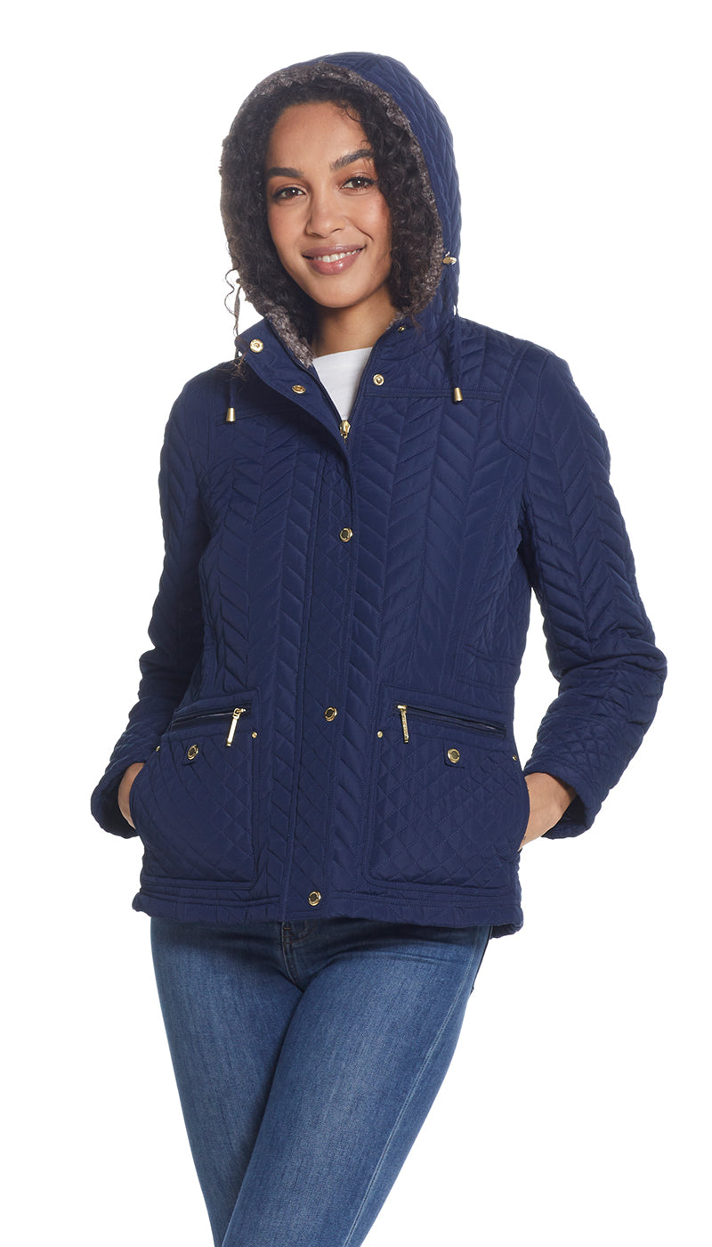 QUILTED HOODED ANORAK WITH FAUX FUR INNER TRIM