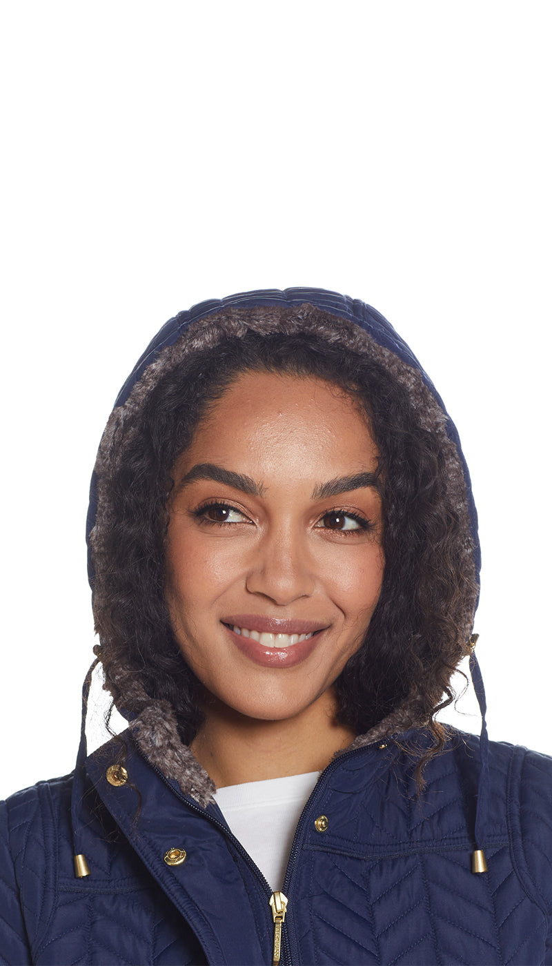 QUILTED HOODED ANORAK WITH FAUX FUR INNER TRIM