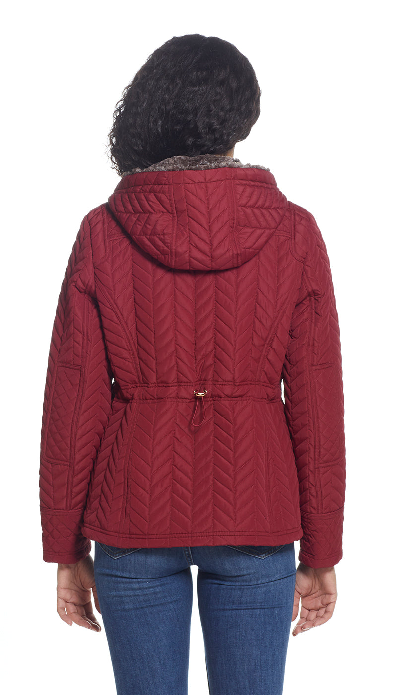 QUILTED HOODED ANORAK WITH FAUX FUR INNER TRIM