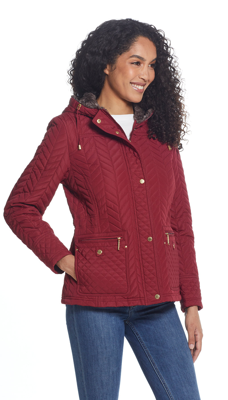 QUILTED HOODED ANORAK WITH FAUX FUR INNER TRIM